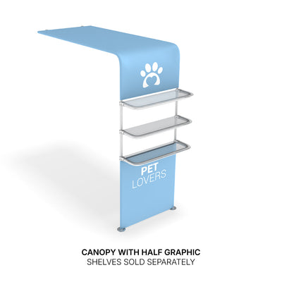 Canopy display with three shelves and pet-themed graphics for trade shows and exhibitions