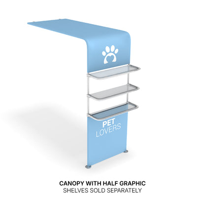Canopy display with three shelves and pet-themed graphics for trade shows and exhibitions