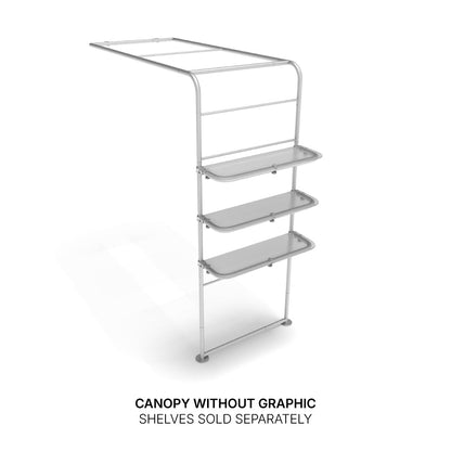 Trade show canopy frame with three detachable shelves for exhibitions and special event displays
