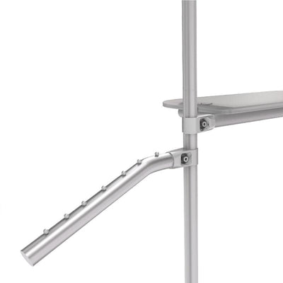 Trade show merchandising arm with angled garment pegs attached to a display pole and shelf