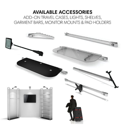 Trade show accessories including shelves, garment bars, monitor mounts, lights, and travel cases for exhibitions and events
