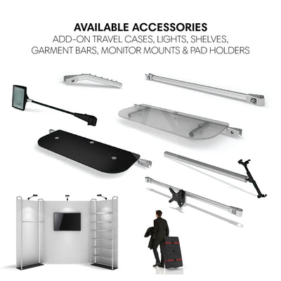 Trade show display accessories including add-on shelves, lights, garment bars, monitor mounts, and travel cases