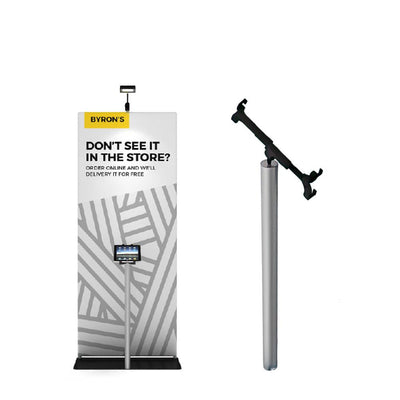 Trade show setup featuring portable iPad holder for exhibitions and special event displays