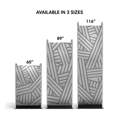 Three sizes of trade show fabric displays with modern geometric pattern for exhibitions and events