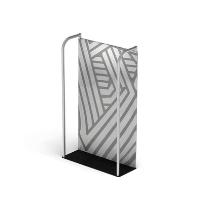 Compact fabric display stand with geometric design for trade shows and exhibitions