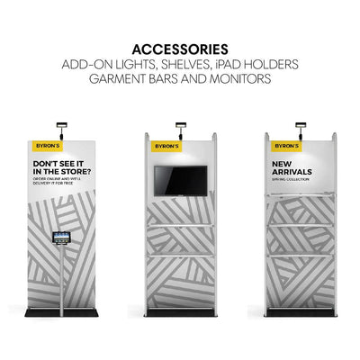 Trade show display stands with lights, shelves, iPad holders, garment bars, and monitors for exhibitions