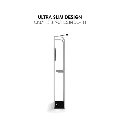 Ultra slim tradeshow merchandiser display with integrated light and compact depth for exhibitions