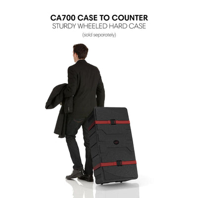 Man pulling sturdy wheeled hard case for trade shows and exhibitions