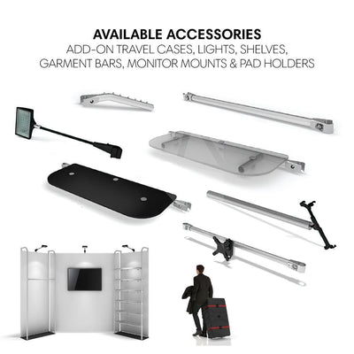 Modular trade show accessories including shelves, lights, garment bars, monitor mounts, and travel case