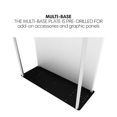 Multi-base plate for trade show displays pre-drilled for add-ons and graphic panels