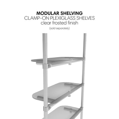 Modular shelving with clamp-on plexiglass shelves for trade show and exhibition displays