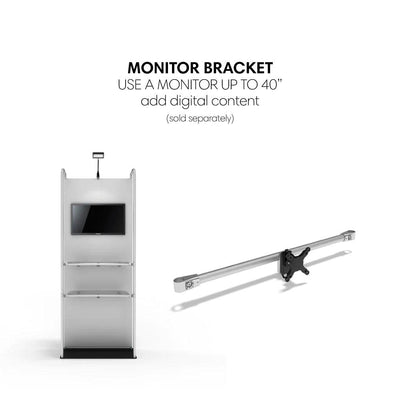 Trade show display stand with shelving and monitor bracket for digital content up to 40 inches