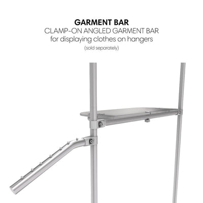 Clamp-on angled garment bar accessory for trade show clothing display systems