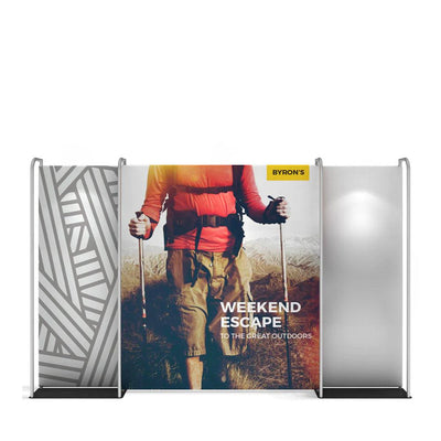 Trade show display with graphic panels promoting outdoor adventure, ideal for exhibitions and events