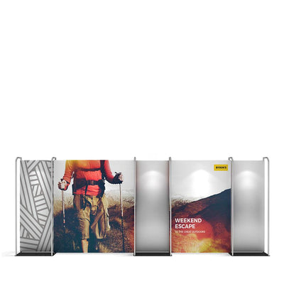 Expandable trade show display panels featuring outdoor adventure graphics and branding lighted for exhibitions