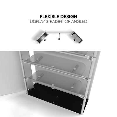Trade show display system with flexible design shelves adjustable for straight or angled setups