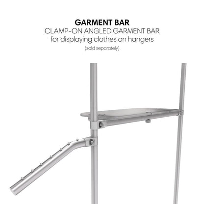 Clamp-on angled garment bar attached to trade show display stand for hanging clothes