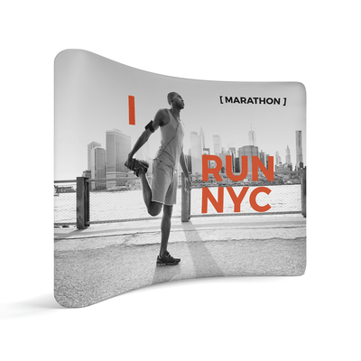 Curved trade show display featuring marathon runner stretching with city skyline backdrop for exhibitions and events