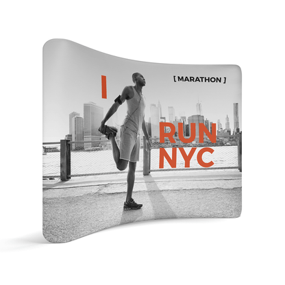 Curved trade show display featuring marathon runner stretching with city skyline backdrop for exhibitions and events