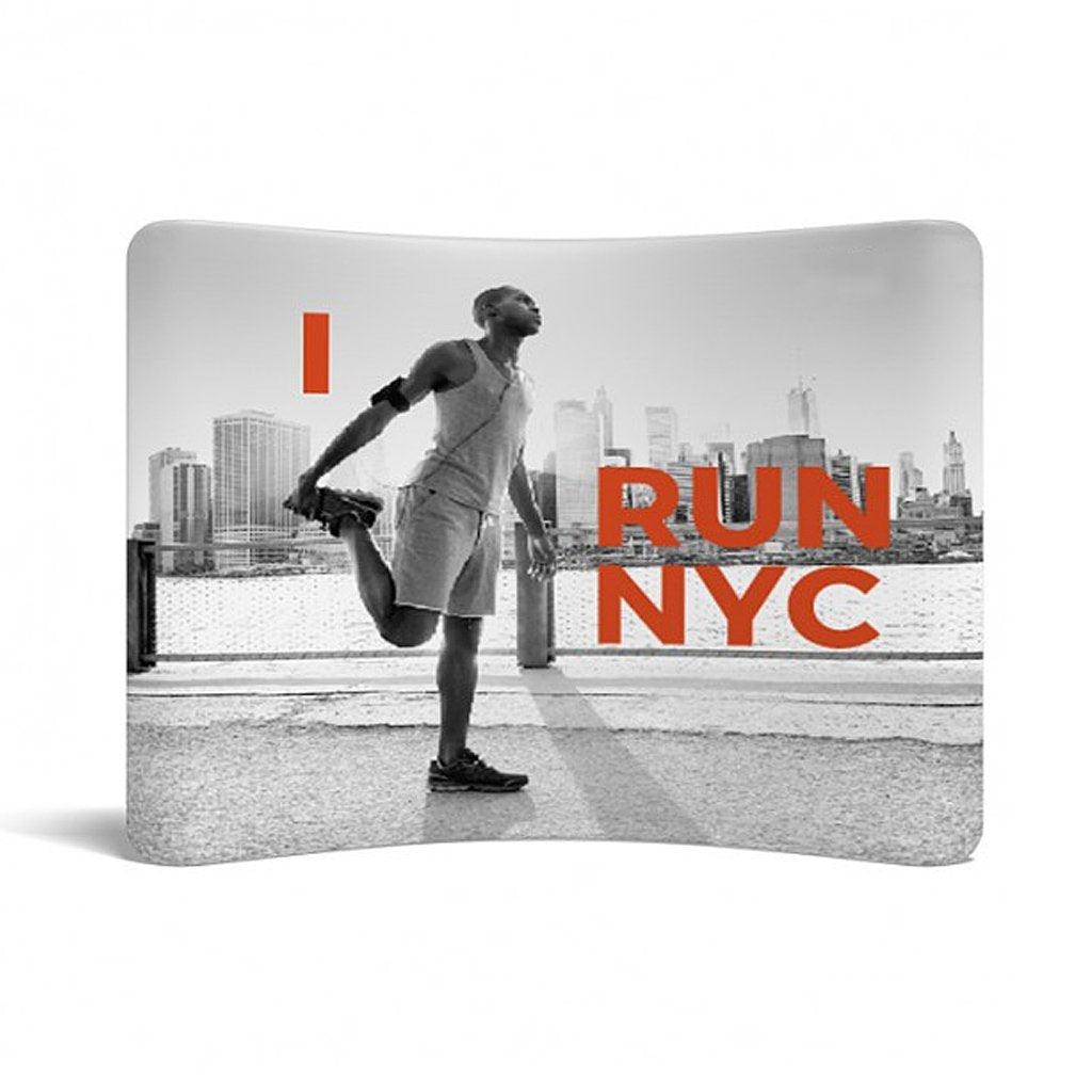 Curved 10ft trade show display featuring runner stretching by NYC waterfront, ideal for exhibitions and events