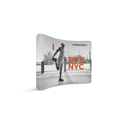 Curved 10ft trade show display featuring marathon runner stretching with NYC skyline backdrop