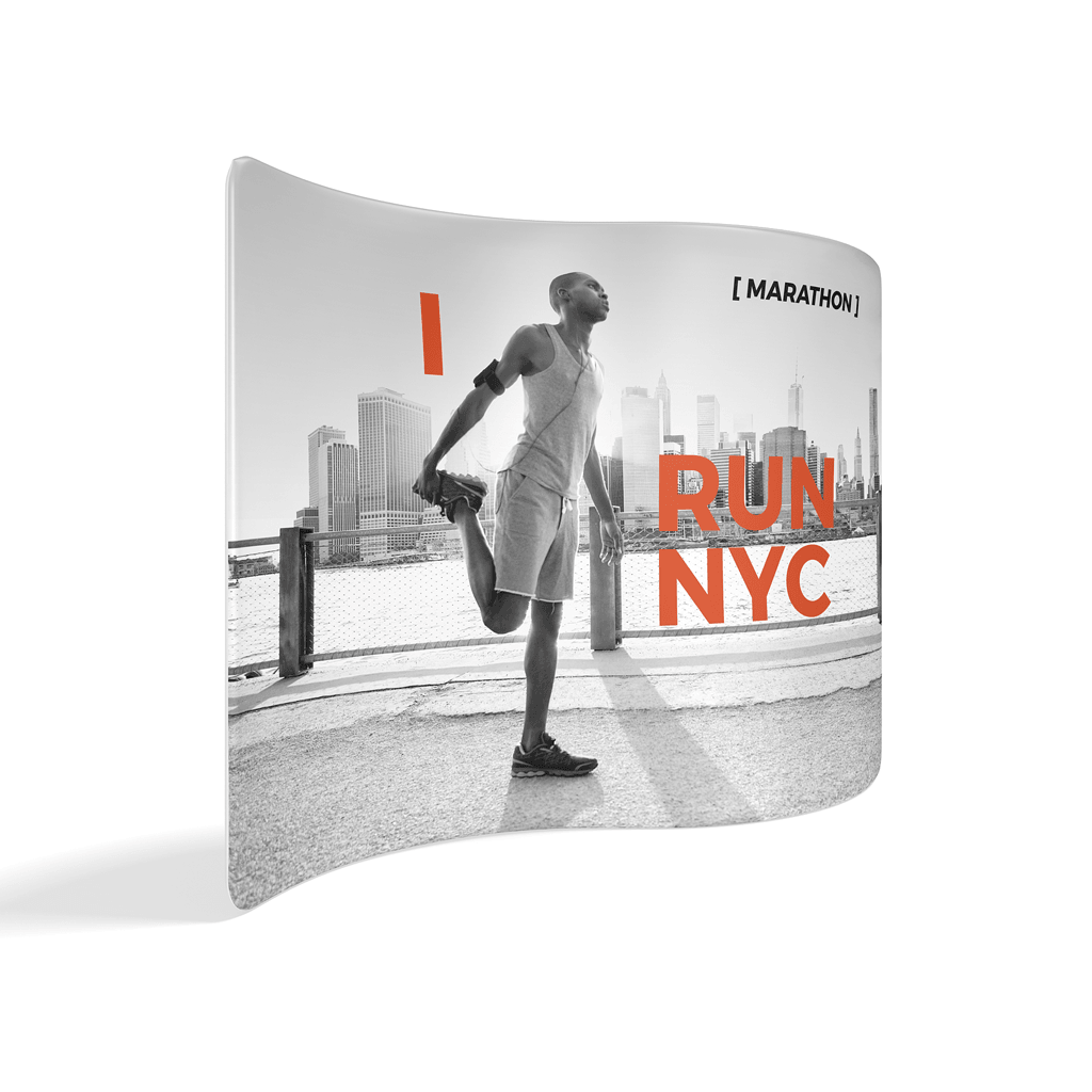 10ft serpentine trade show display featuring a runner stretching with NYC skyline backdrop for exhibitions