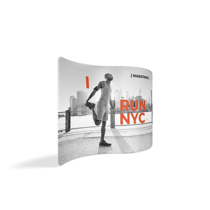 Serpentine trade show display with marathon runner stretching and NYC skyline for exhibitions
