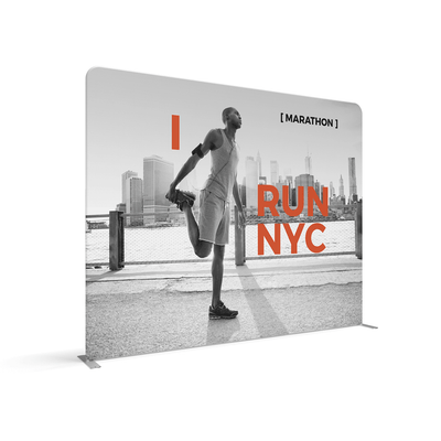 Trade show display featuring marathon runner stretching with NYC skyline backdrop for exhibitions and events