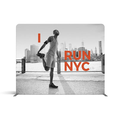 Straight 10ft trade show display with runner graphic and city skyline for exhibitions and events