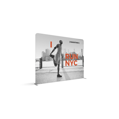 Trade show display featuring a runner stretching with NYC skyline background for marathon events