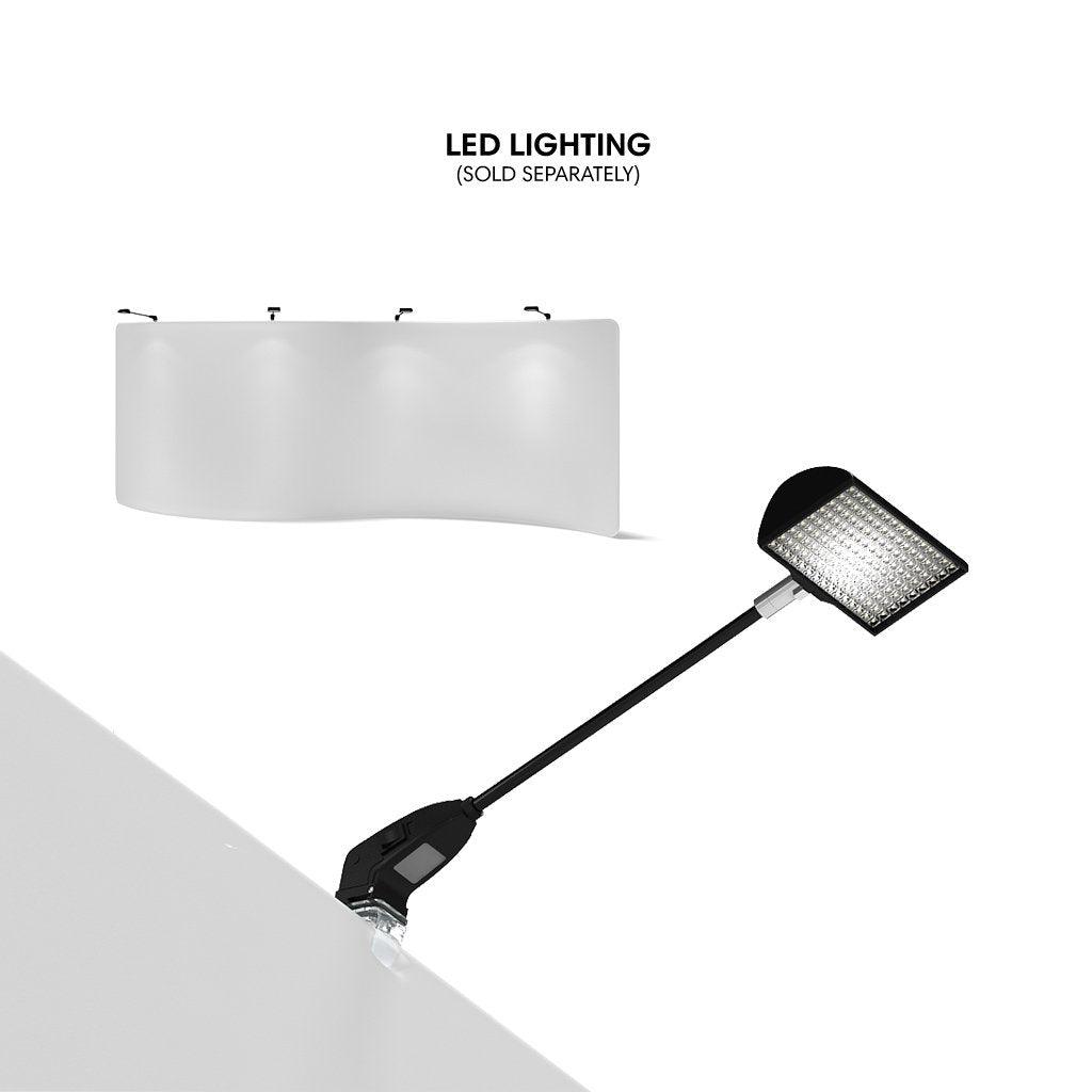 LED lighting fixture attached to 20ft serpentine trade show display for exhibitions and events