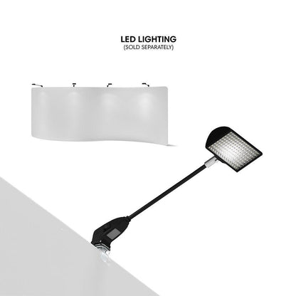 LED lighting fixture attached to 20ft serpentine trade show display for exhibitions and events