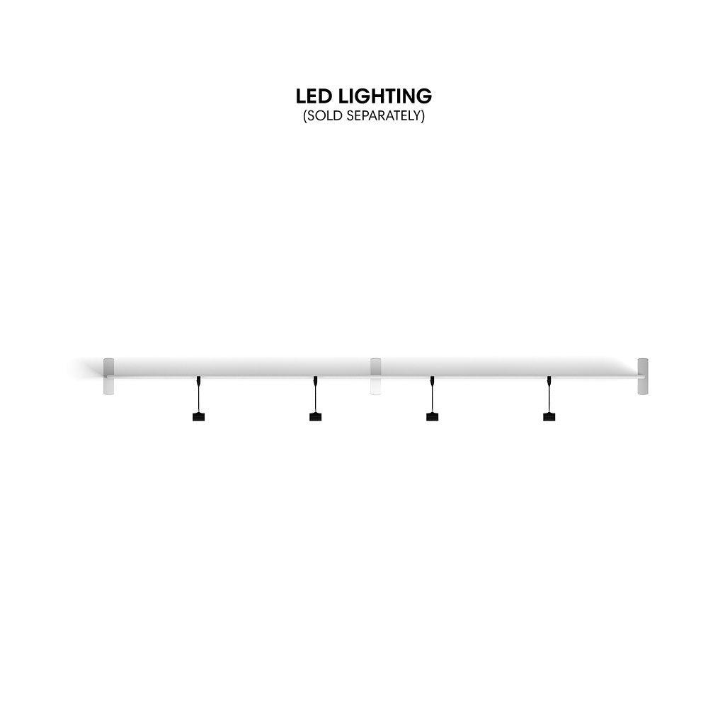 LED lighting system for trade show displays and exhibition booths, shown with track and hanging fixtures