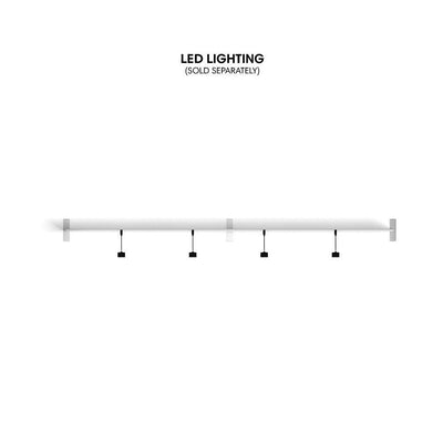 LED lighting system for trade show displays and exhibition booths, shown with track and hanging fixtures