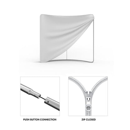 6ft curved tabletop display with push button frame and zippered graphic for trade shows and exhibitions