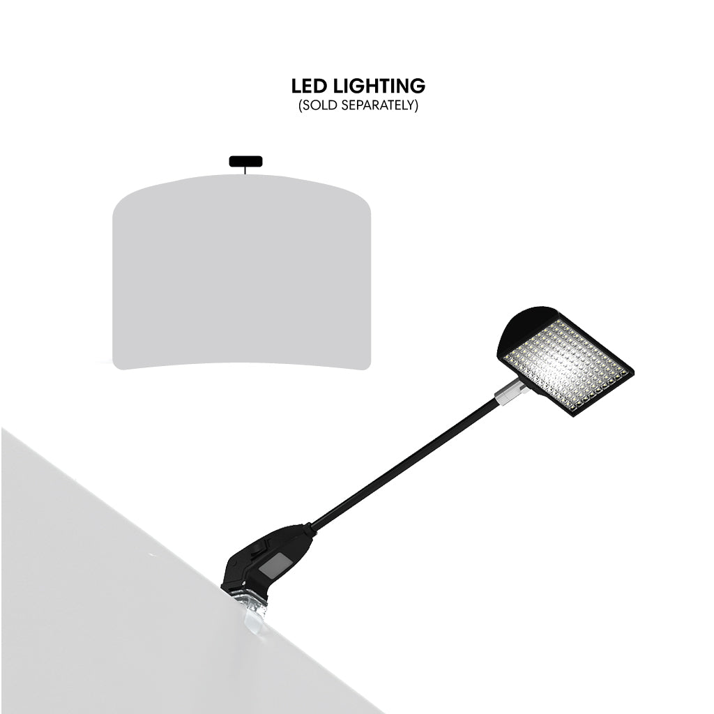 LED lighting attached to curved trade show table for exhibition and event display illumination
