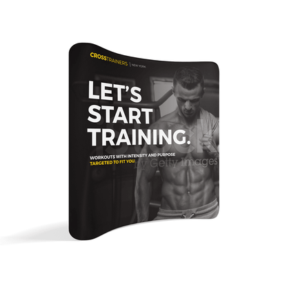 Curved trade show display featuring fitness training promotion with muscular man and motivational text
