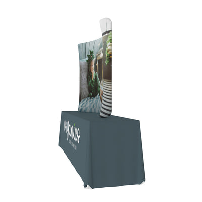 Curved tabletop display with custom fabric graphic and branded table cover for trade shows and events