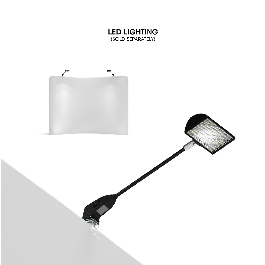 Adjustable LED lighting accessory with clip for trade show and exhibition curved tabletop displays