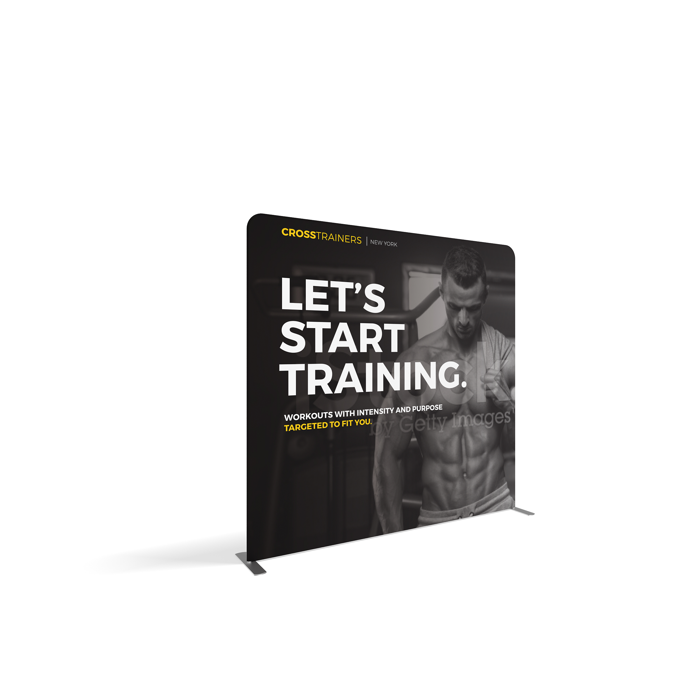 Trade show display panel featuring fitness training advertisement with muscular man and motivational text