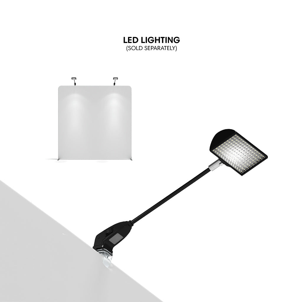 LED clip-on light fixture illuminating trade show display panel for exhibitions and events