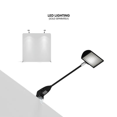 LED clip-on light fixture illuminating trade show display panel for exhibitions and events