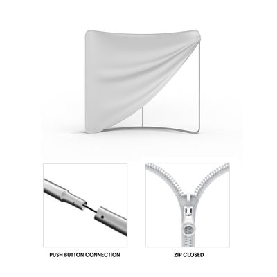 Curved tabletop display with fabric cover for trade shows, featuring push button frame connection and closed zipper
