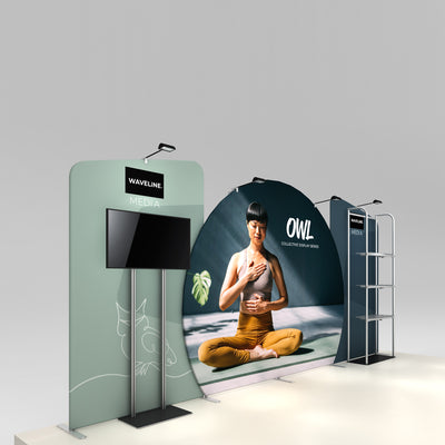 Trade show display featuring curved exhibit panels with monitor and shelving for exhibitions and special events