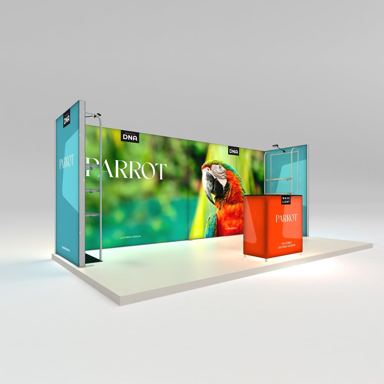 Trade show display featuring large lightbox backdrop and inflatable counter with parrot branding
