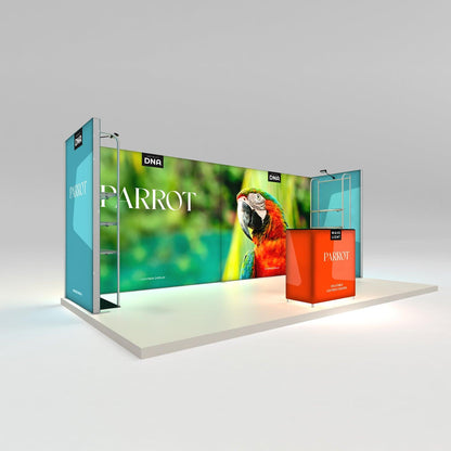Trade show display featuring large lightbox backdrop and inflatable counter with parrot branding