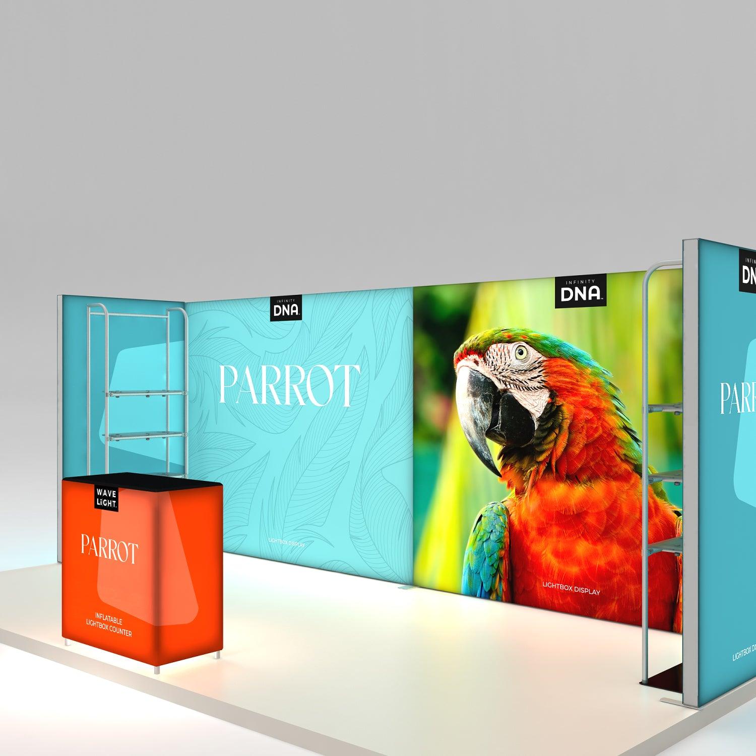 Trade show booth with parrot graphic lightbox displays and inflatable counter for exhibitions