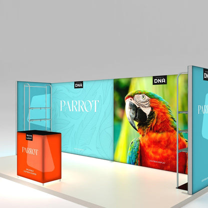 Trade show booth with parrot graphic lightbox displays and inflatable counter for exhibitions
