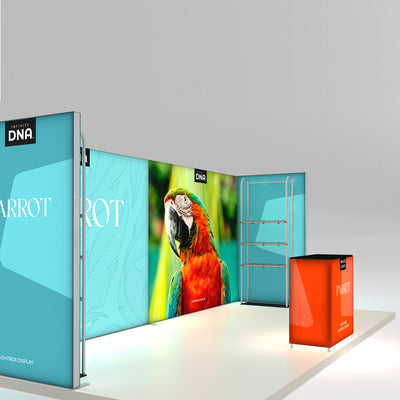Trade show lightbox display with parrot graphic and branded event booth setup