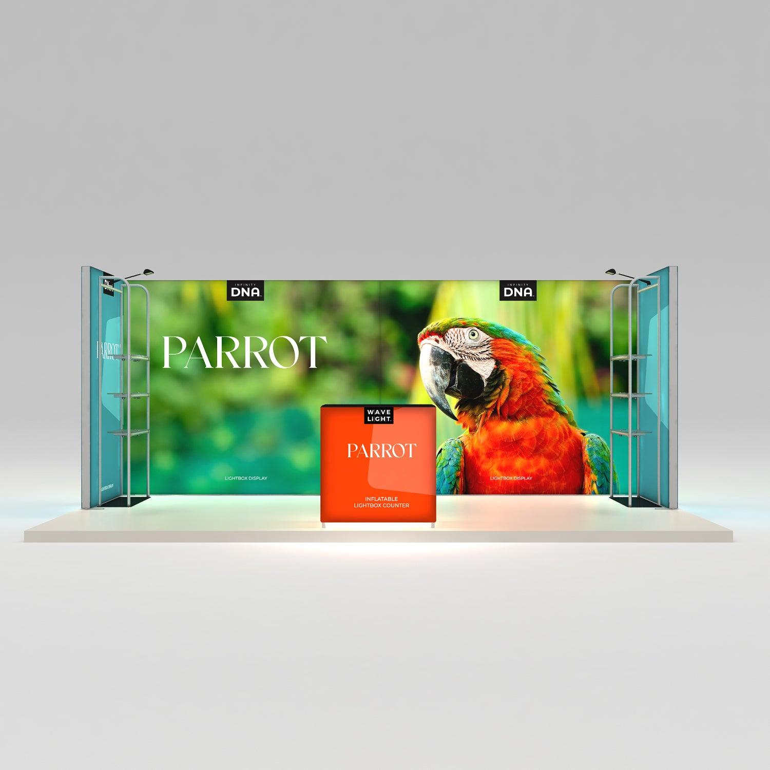 Trade show backdrop and inflatable counter featuring parrot graphic for exhibition displays